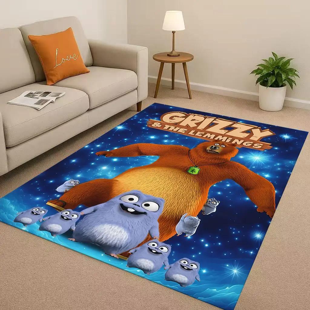 3D Kawaii Grizzy and The Lemmings Cartoon Living Room Non-Slip Area Rug Carpet for Bedroom Playroom Sofa,Home Doormat Gift Kid