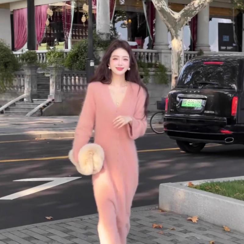 Womens Pink Knit Sweater Dress V-Neck Long Sleeve A-Line Midi Soft Rayon Blend Casual Elegant Outfit