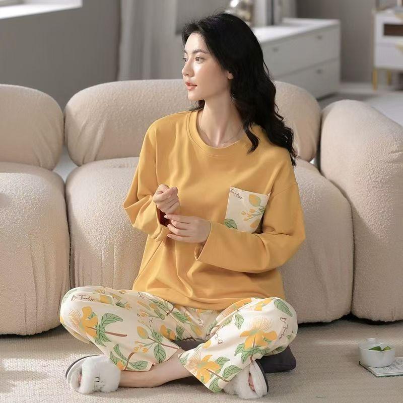 Women's Casual Long Sleeve Pajama Set with Chest Pads, Spring/Fall/Winter, Plus Size, Loose Fit, Suitable for Outdoor Wear
