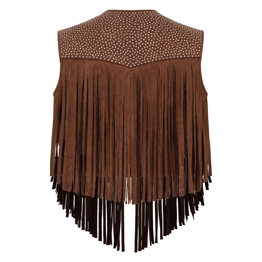 Women Cowgirl Costume Rhinestones Faux Suede Tassels Vest