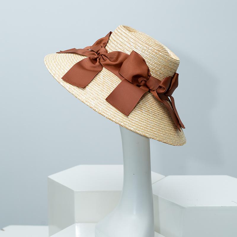 Female Natural Stiff Wheat Straw Boater Hat Summer Flat Top Fedora Hat Women Wide Brim Sun Hats for Travel Beach Jazz Panama New