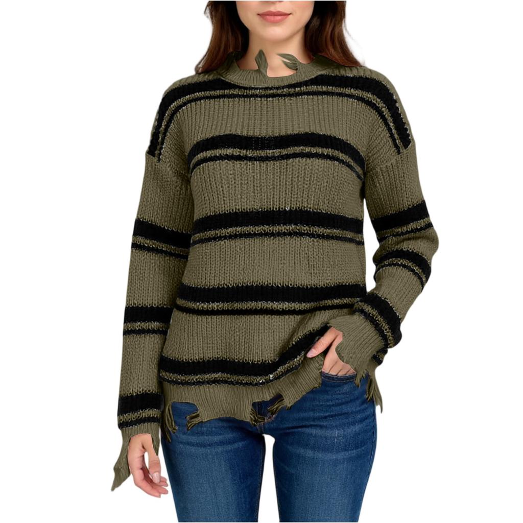 Women's Fashion Loose Winter Contrast Colorblock Striped Tassel Knitted Sweater