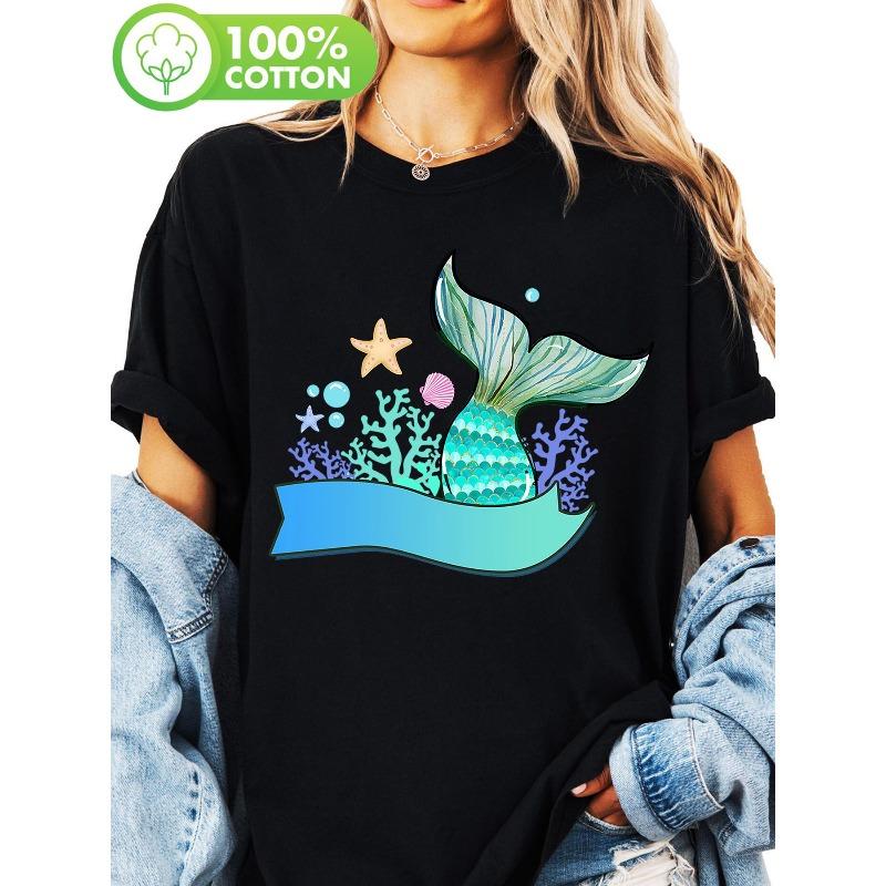 Women's Tropical Mermaid Tail Coral Reef Print T-Shirt ,Short Sleeve Crew Neck Casual Top,Summer & Spring Beachwear