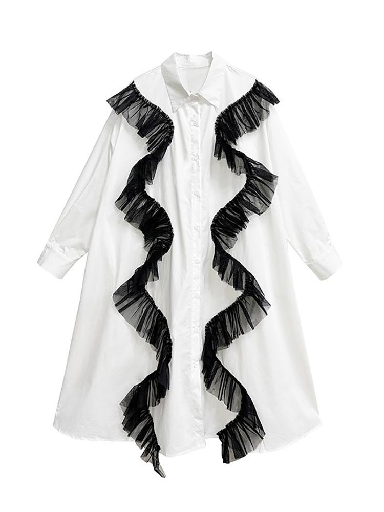 Xitao Patchwork Netz Einfarbig Einreiher Hemdkragen Kleid GMM1184