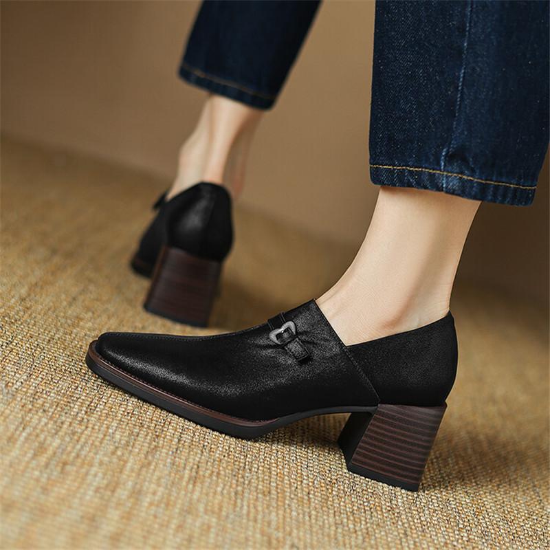 Fashion New Autumn Genuine Leather Women Shoes Fashion Square Toe Shoes for Women Thick Heel Loafers High Heel Women Pumps Zapatos Mujer