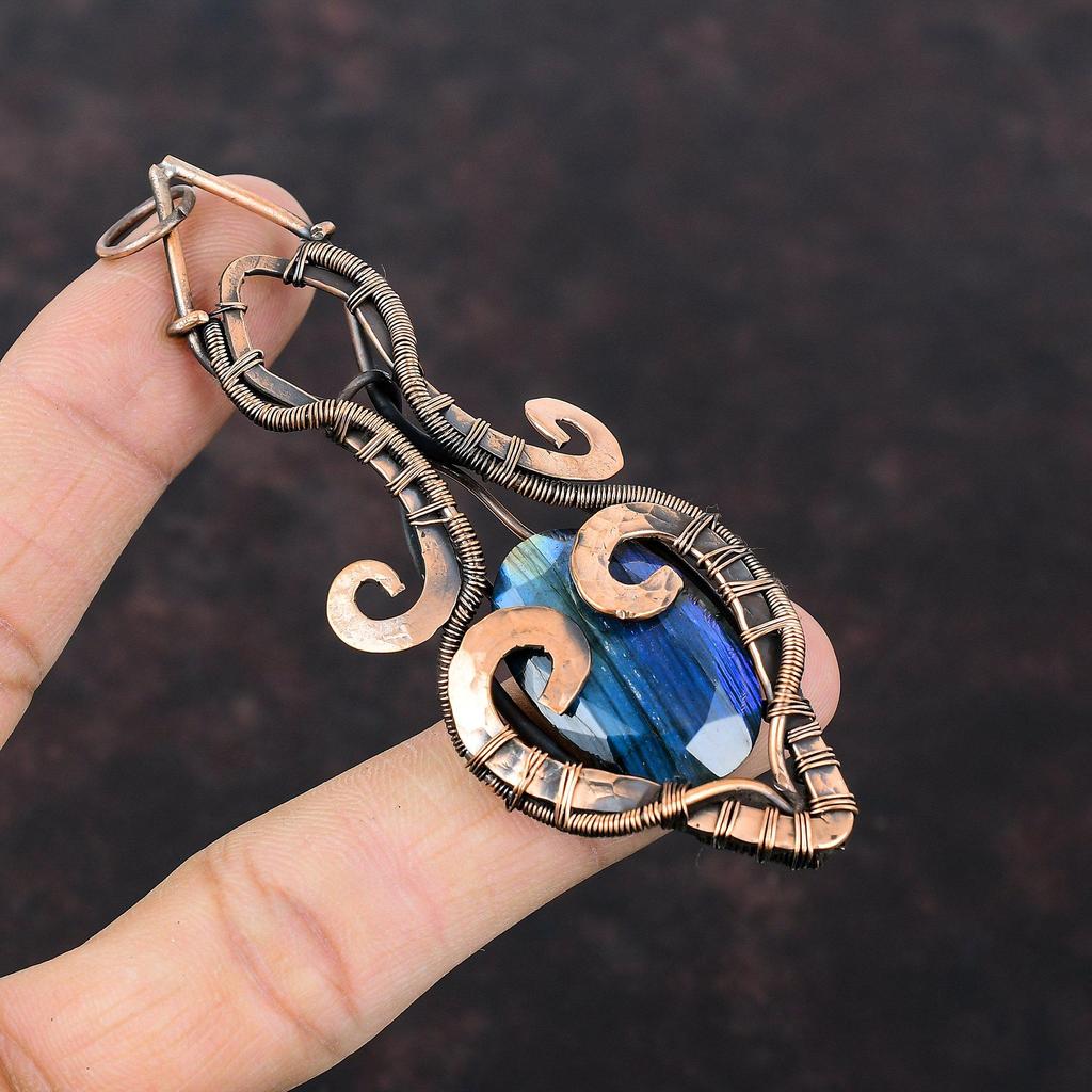 Facettierter Labradorit Anhänger Kupferdraht Gewickelter Anhänger Edelstein Schmuck Handgefertigter Anhänger Kupferdraht Schmuck Geschenk Für Frauen Stilvoller Anhänger