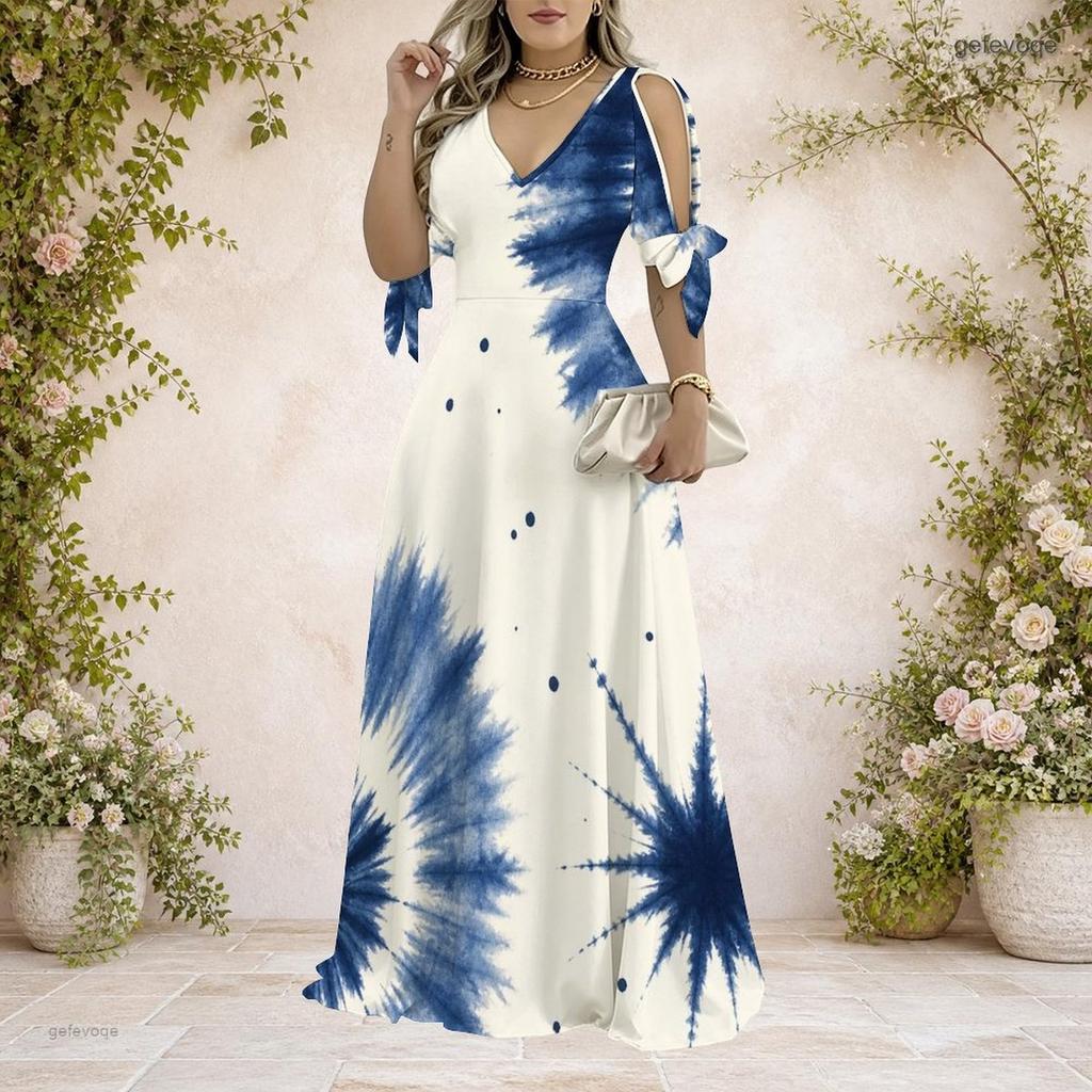 Plus Size Women V Neck Cold Shoulder Tie Cuff Short Sleeve Printed A Line Maxi Dress