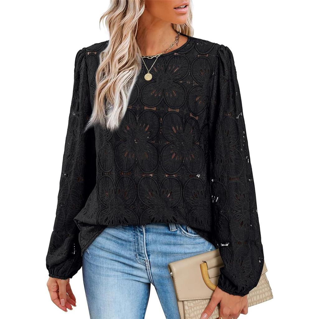 Women's Solid Color Round Neck Elegant Petal Hollow Long-sleeved T-shirt