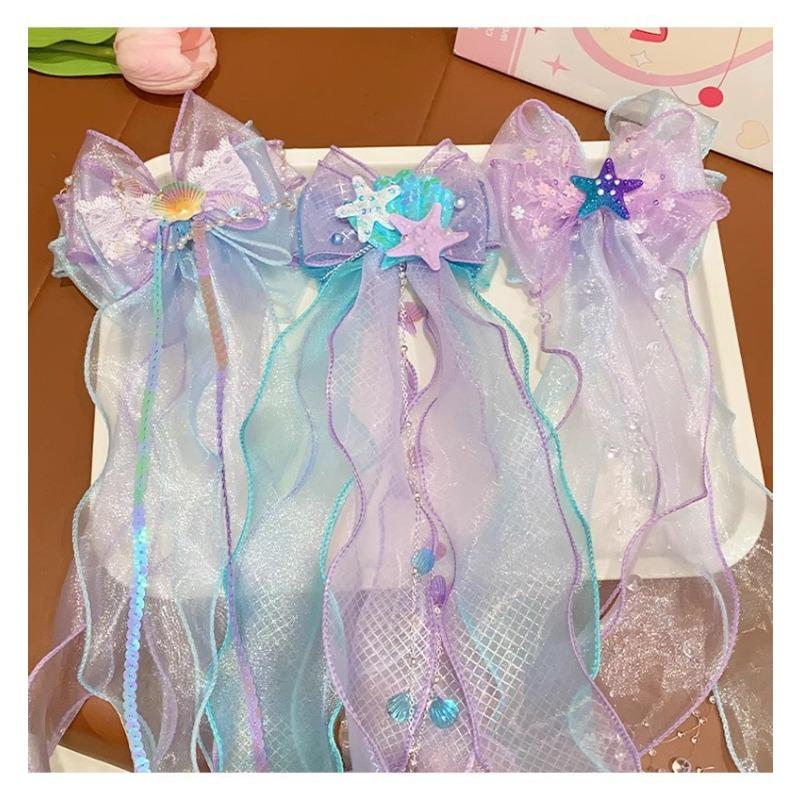 Mermaid Princess Children's Bow Hairpin Super Fairy Floating Yarn Clip Little Girl Birthday Performance Hair Accessories Girl Veil