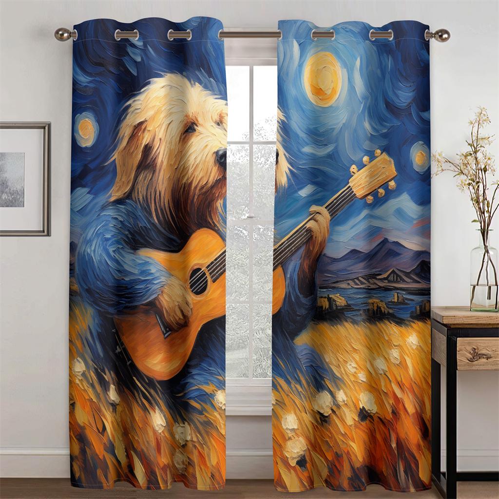 Pastoral Collie Guitar Curtains Van Gogh Oil Painting Style Living Room Bedroom Balcony Windows Decorative Curtains 2 Pcs