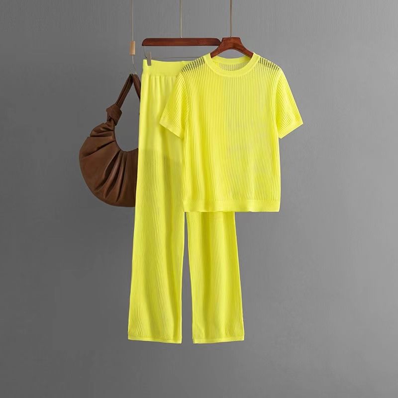 

Western Style Summer Loose Knit Hollow out Top Trousers Set Knited Top and Pants Set Yellow One size