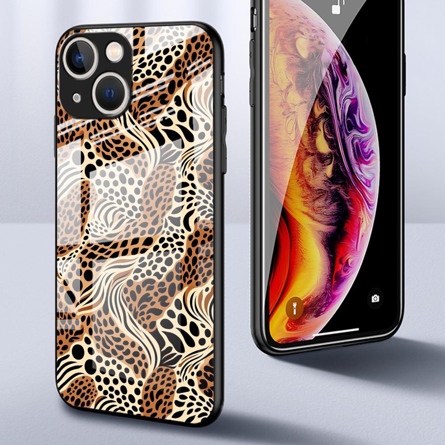 Glass Phone Cover Case for iPhone 17 Pro Max Air 16 XR 13 11 8 15 Plus 12 14 Leopard Print