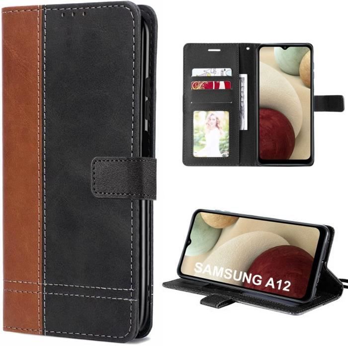 Coque Rabat pour Samsung A12 Cuir Synthétique Bicolore Marron-Noir