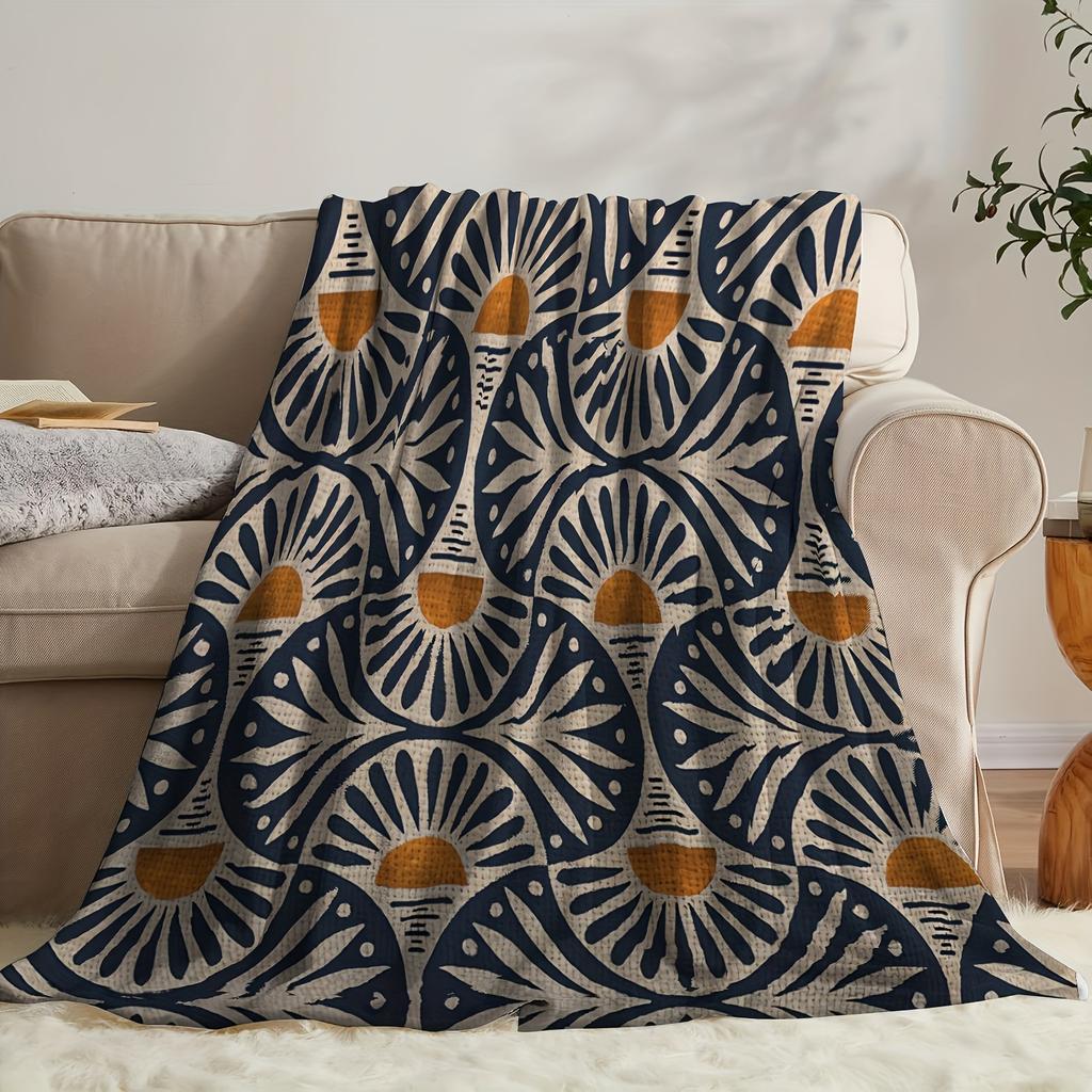 Boho Sun Geometric Flannel Throw Blanket, Retro Sun Abstract Pattern Navy Orange Print Soft Cozy Blanket Sofa Bed Bohemian Home Decor Gift