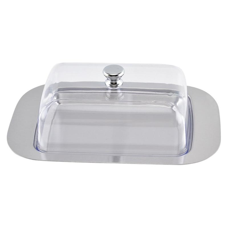 Butter Tray with Cover, Rectangular Cheese Serving Tray with Metal Base for Refrigerator Storage, Breakfast Tables, Tea Service, and Small Pastries