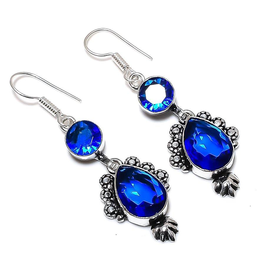 

Подарочные серьги ручной работы из стерлингового серебра 925 пробы с натуральным лондонским голубым топазом 2,09 дюйма Z1Z54