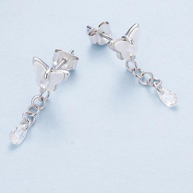 S925 Silver Earring Studs With White Gold Plated Copper Butterfly Teardrop Tassel Earrings