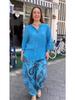 2024 Fashion Women's Cotton Linen Two-Piece Set: Loose Long Sleeve Top & Casual Print Pants