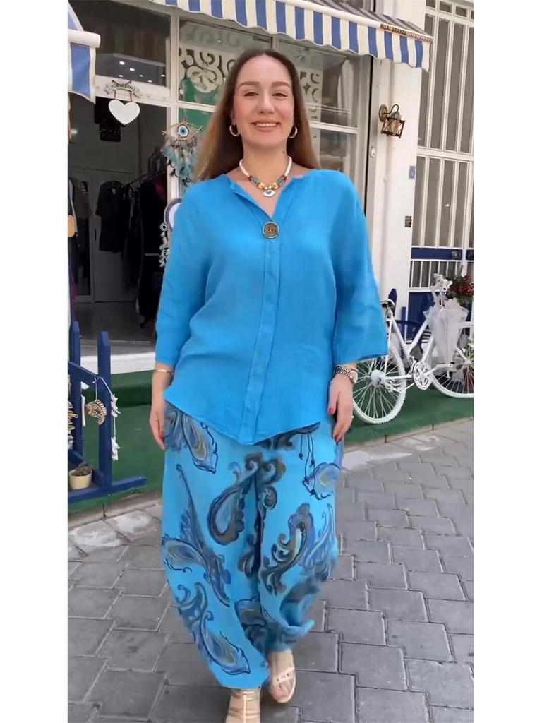 2024 Fashion Women's Cotton Linen Two-Piece Set: Loose Long Sleeve Top & Casual Print Pants