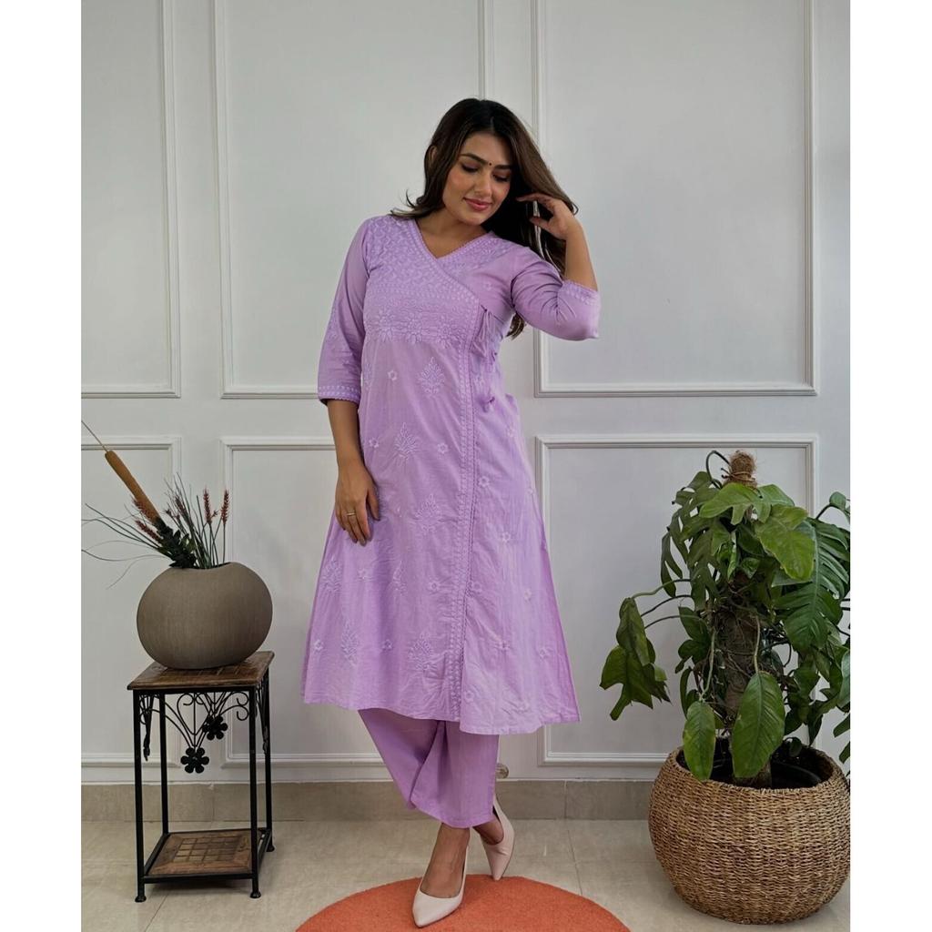 Women's Cotton Chikankari Angrakha Style Kurti Set Indian Pakistani Tunic Dress VF-1865