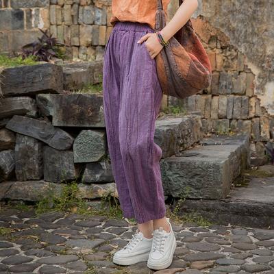 Women Vintage Pants Elastic Waist Spring Trousers Pockets Women Casual Ankle Length Pants