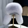 New Winter Men's 100% Real Silver Fox Fur Bomber Hat Raccoon Fur Ushanka Cap Trapper Russian Man Ski Hats Caps Real Leather