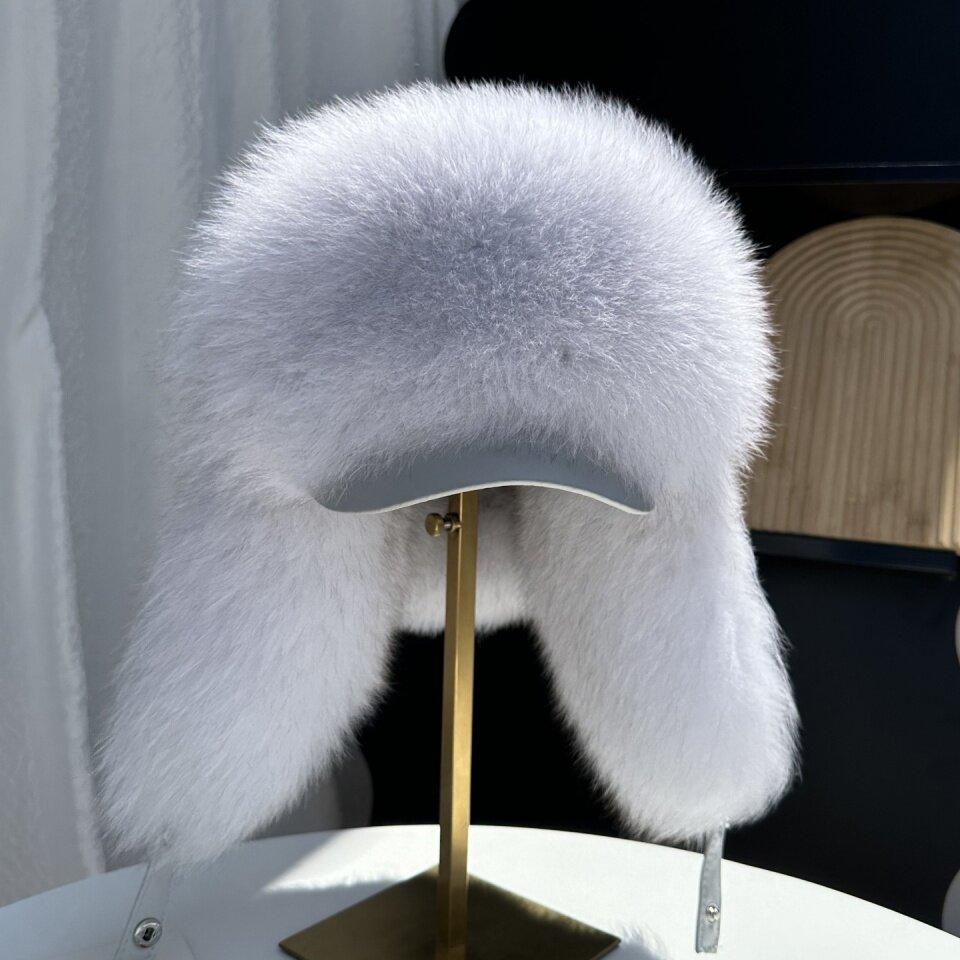 New Winter Men's 100% Real Silver Fox Fur Bomber Hat Raccoon Fur Ushanka Cap Trapper Russian Man Ski Hats Caps Real Leather