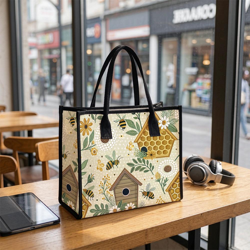 Cute Bee Floral Print Tote Bag Casual Daily Shoulder Handbag Women Fashion Outdoor Carry Bag