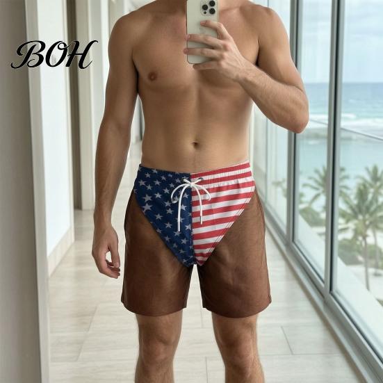 Quick Dry Board Shorts Funny Patriotic Men Shorts, American Stars And Stripes Swim Trunks, Novelty Printed Water Drawstring Waist for Summer