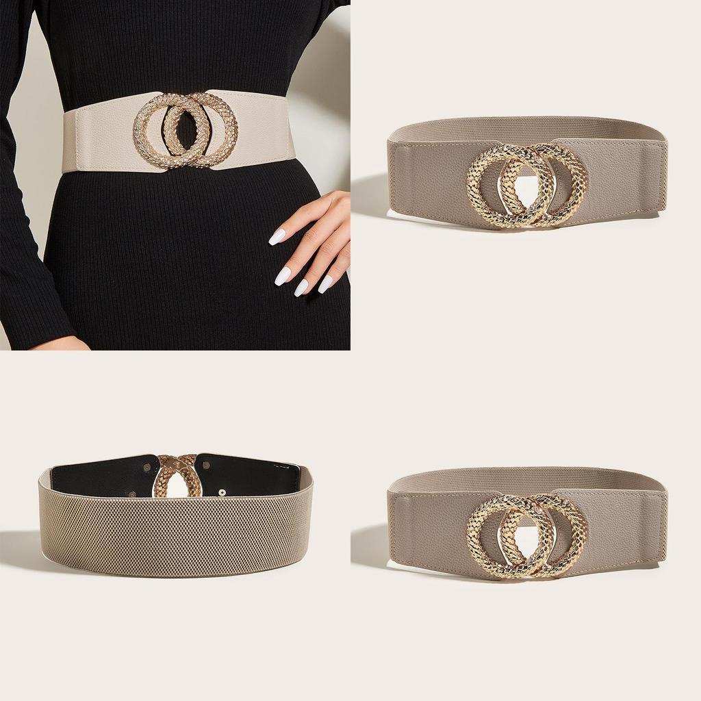 Artistic Vintage Leather Waist Belt For Women With Elastic Double Buckle For Casual Wear