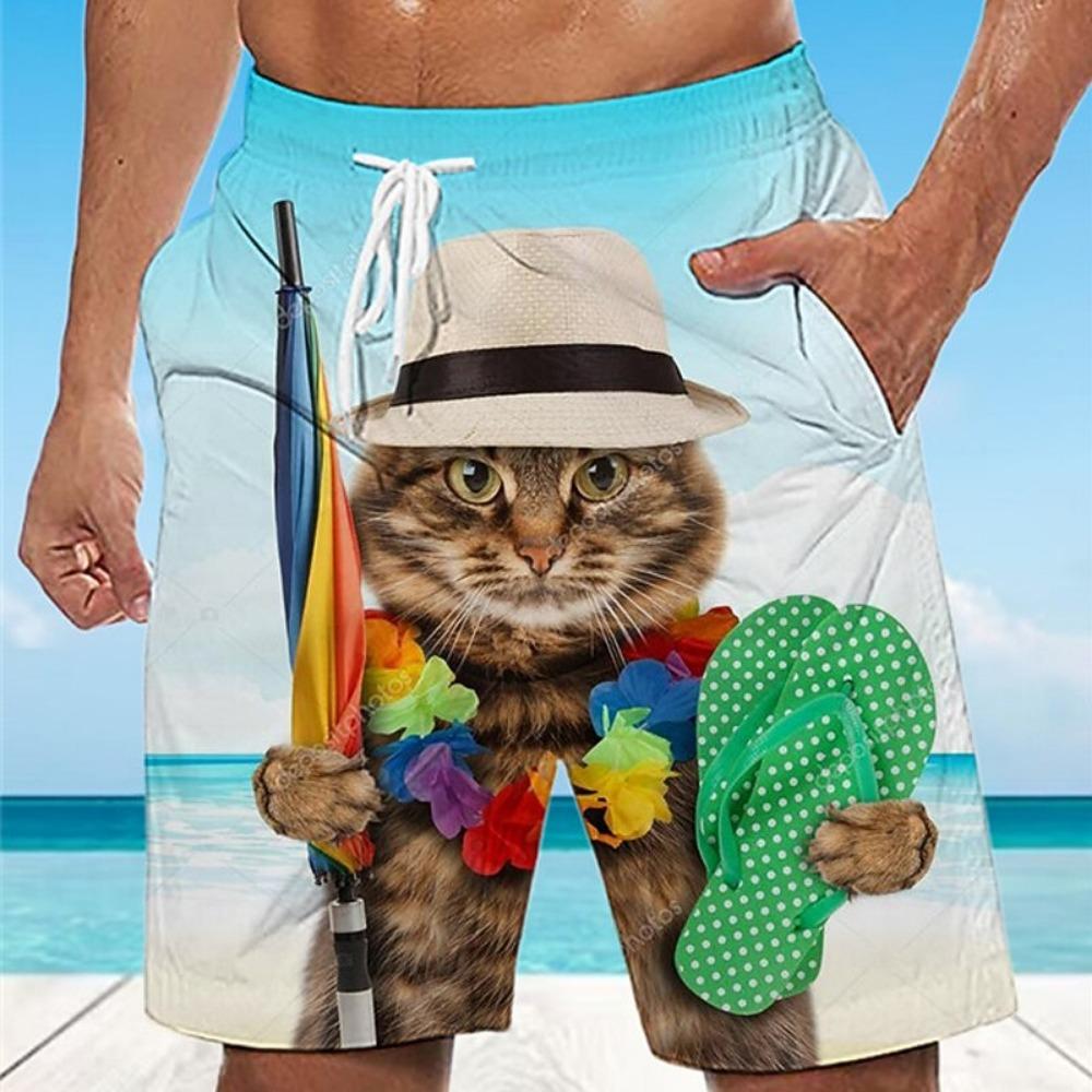 Men s Animal Cat Graphic Prints Swimming Trunks Board Shorts Swim Shorts Mid Waist Hawaiian Boho Casual Daily Holiday 2XL