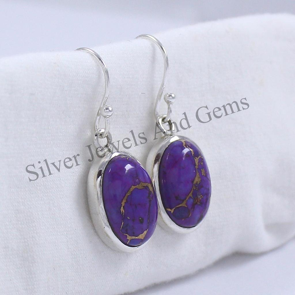 Copper Turquoise Earrings, Oval Purple Turquoise Earrings, Handmade Earring, 925 Sterling Silver Earring, Gift For Friends