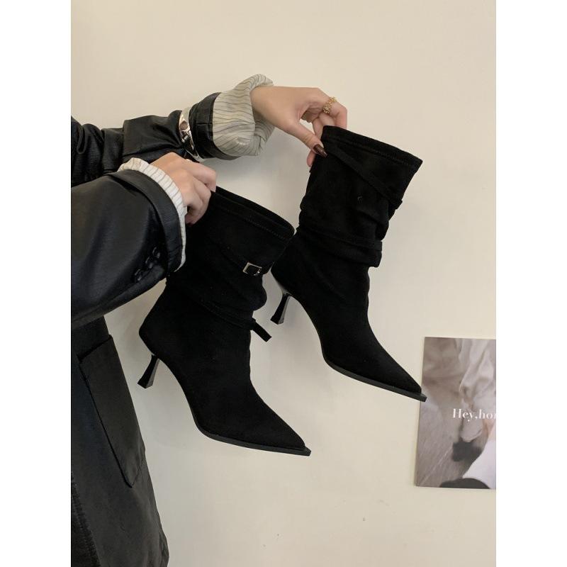 2025 autumn and winter new French retro pointed-toed stiletto short boots women's suede pleated piled boots high-heeled western boots