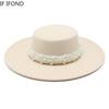Fedora Hat For Women Temperament Elegant Beige Flat Top Jazz Caps 10CM Wide Brim Pearl Decoration Lady Wedding Dress Hat