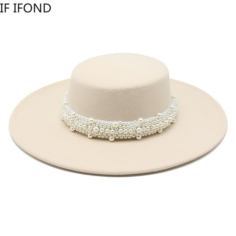 Fedora Hat For Women Temperament Elegant Beige Flat Top Jazz Caps 10CM Wide Brim Pearl Decoration Lady Wedding Dress Hat