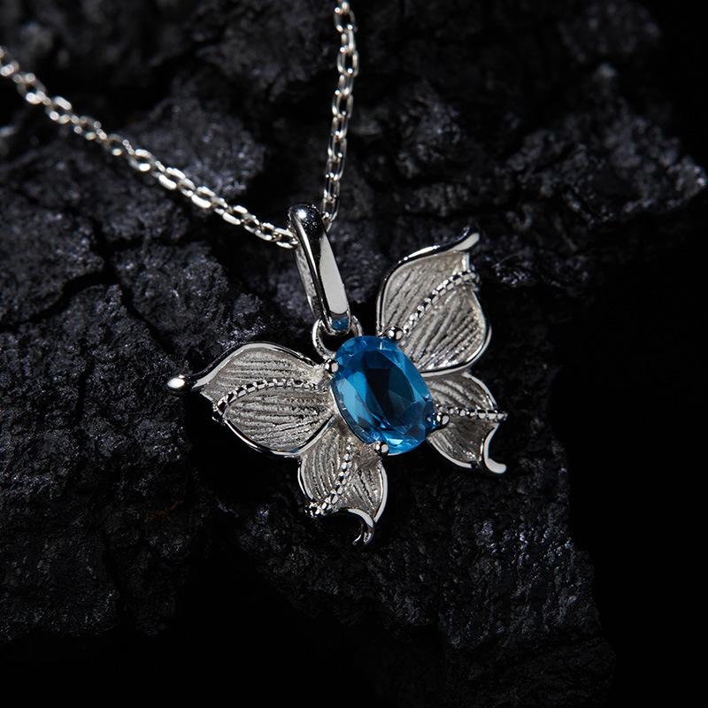 S925 Sterling Silver Natural Topaz Colored Treasure Ring Female Elegance Temperament Double-Layer Three-Dimensional Butterfly Design
