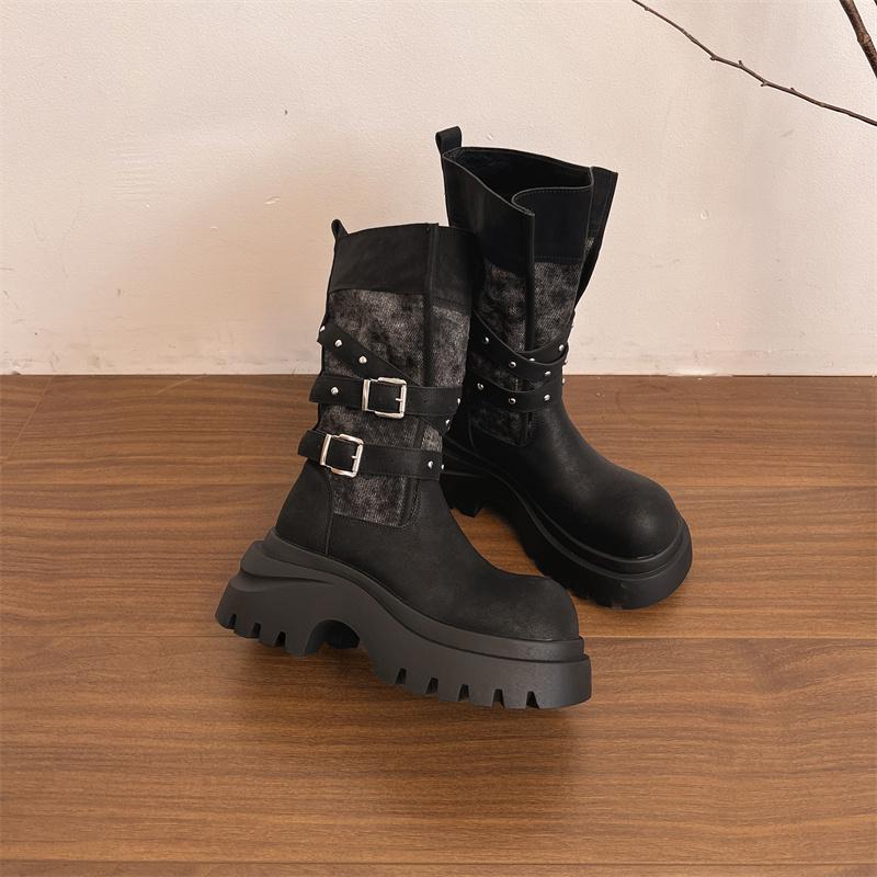 Chunky Women Knight Boots Fashion Belt Buckle Slip On Shoes Autumn Winter Platform Heel Mid Calf Booties Zapatos De Mujer
