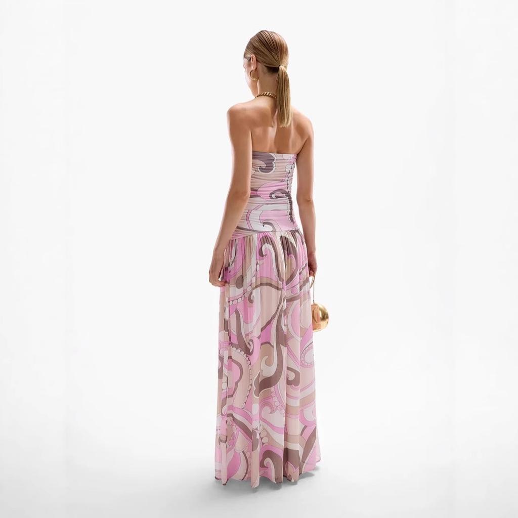 Women's Strapless Sleeveless High Waist Full Swing Maxi Dress French Sexy Printed Chiffon Long Gown