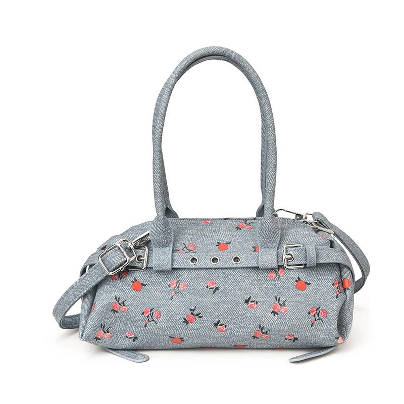 

New Arrival Fashion Y2K Floral Denim Shoulder Bag Women Vintage Rose Print Boston Handbag Retro Casual Top Handle Tote Bag