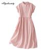 Japanese Mori Girl Candy Color Solid Basic Midi Dress O Neck Pink Blue Green Lace Up Dress Short Sleeve Baggy Cotton Dress