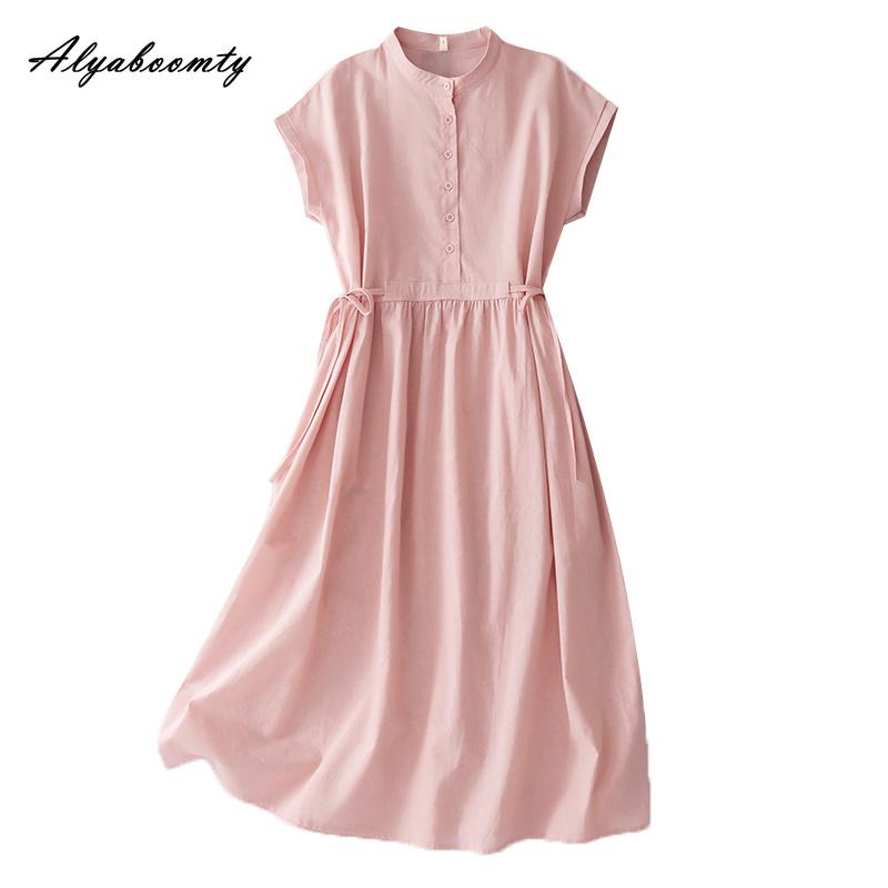 Japanese Mori Girl Candy Color Solid Basic Midi Dress O Neck Pink Blue Green Lace Up Dress Short Sleeve Baggy Cotton Dress