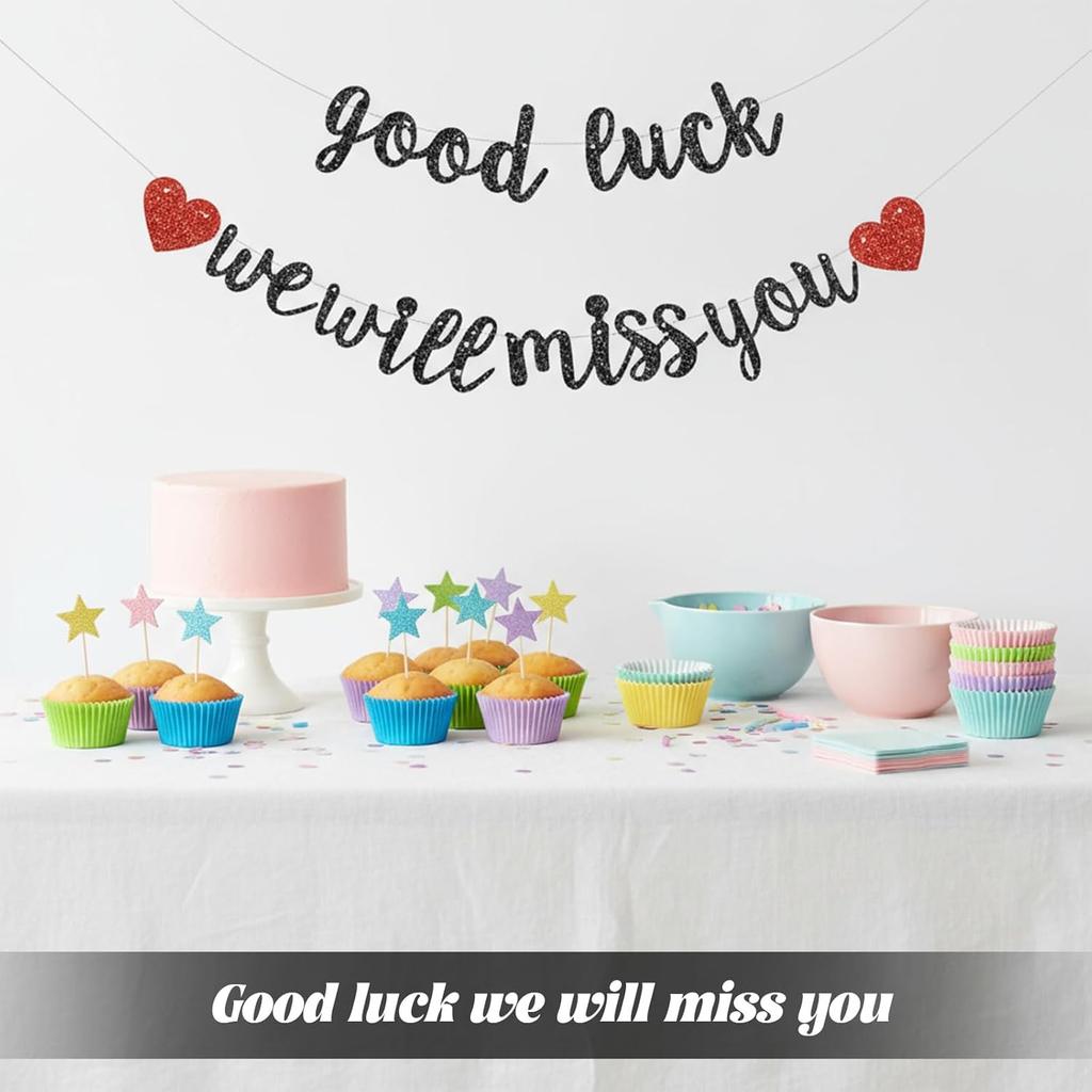 Grevosea Good Luck We Will Miss You Banner, Pre-Strung Glitter Farewell Banner Graduation Retirement Party Decorations for Going Away Farewell Party