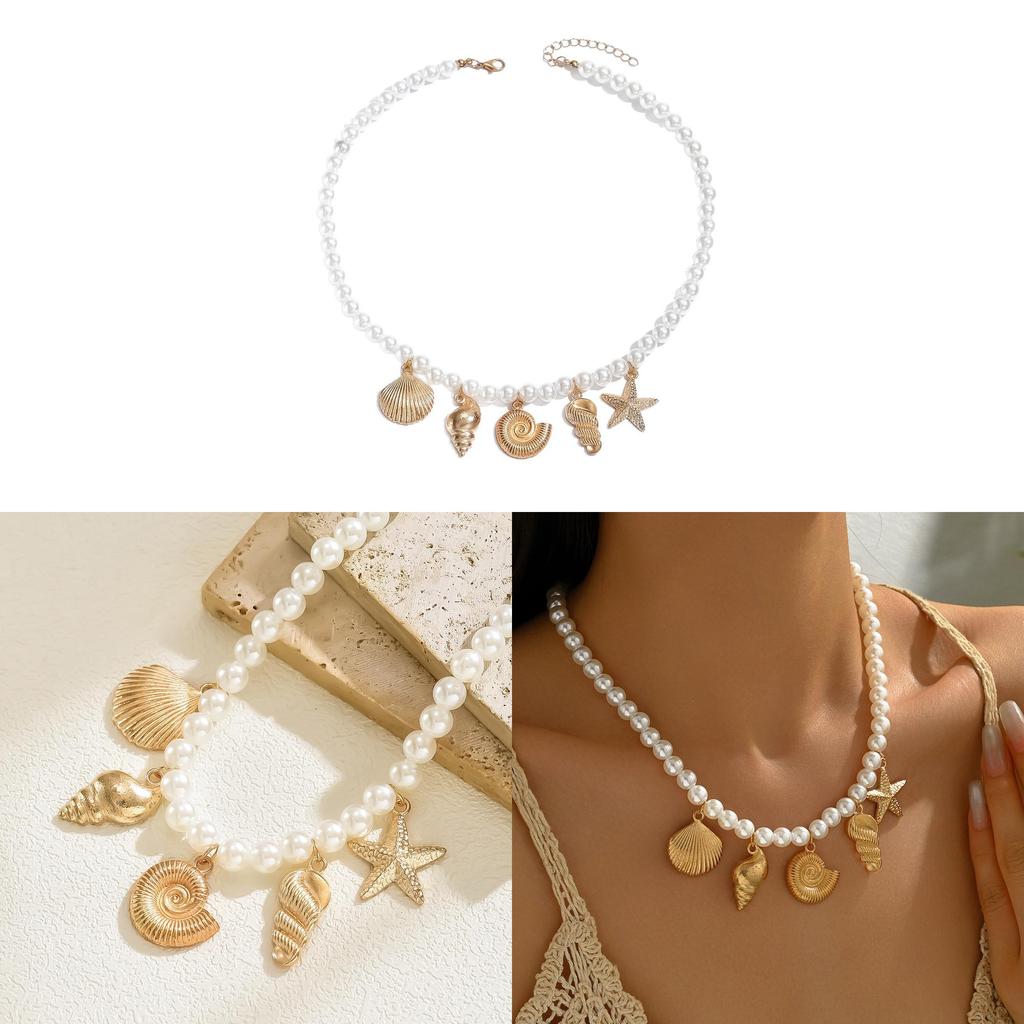Oceanic Shell Starfish Pendant Necklace With Pearl Accents For Women