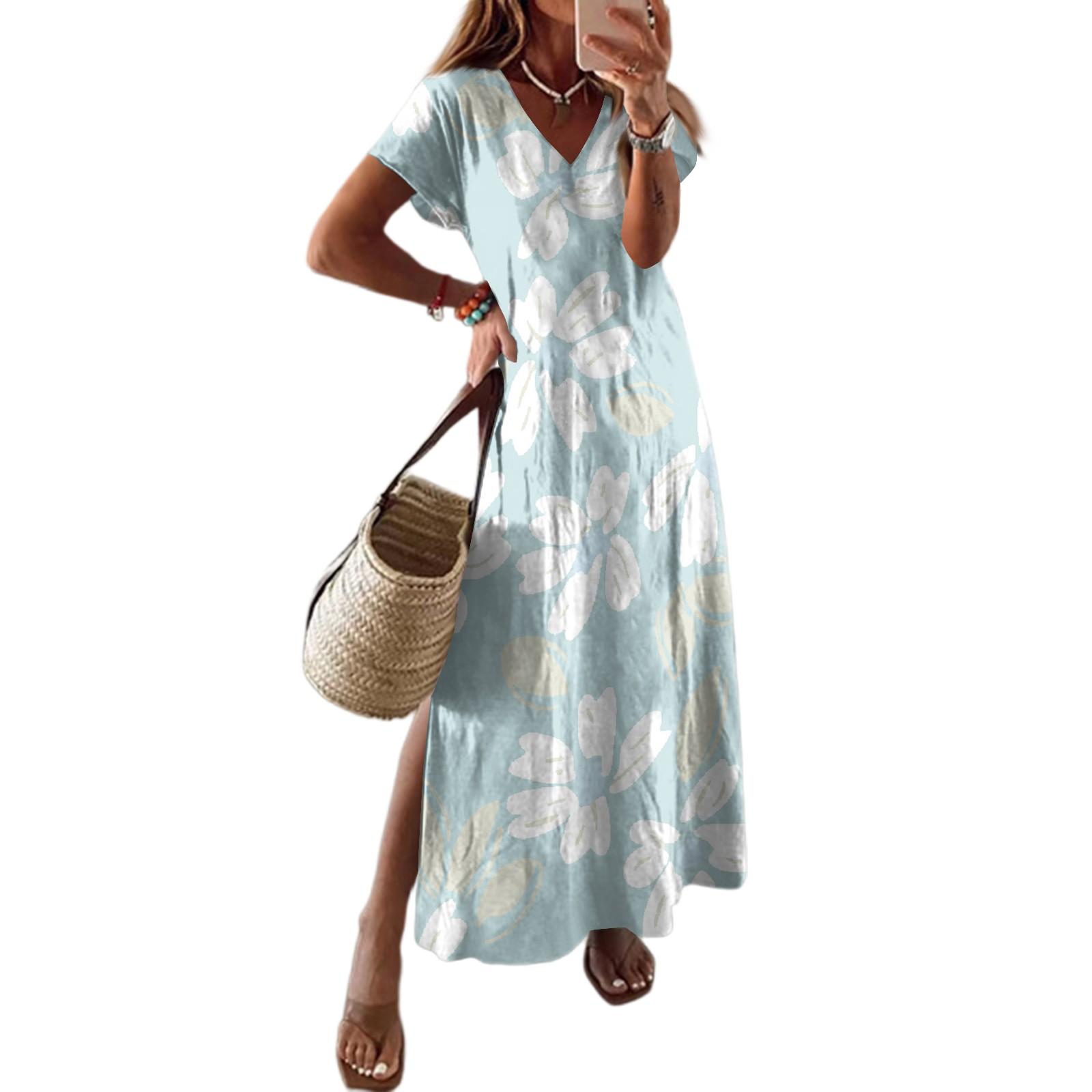 

Женское летнее цветочное платье с коротким рукавом, пляжное платье с карманами, повседневное платье-футболка с V-образным вырезом и разрезом, длинное платье для путешествий и отпуска S циан