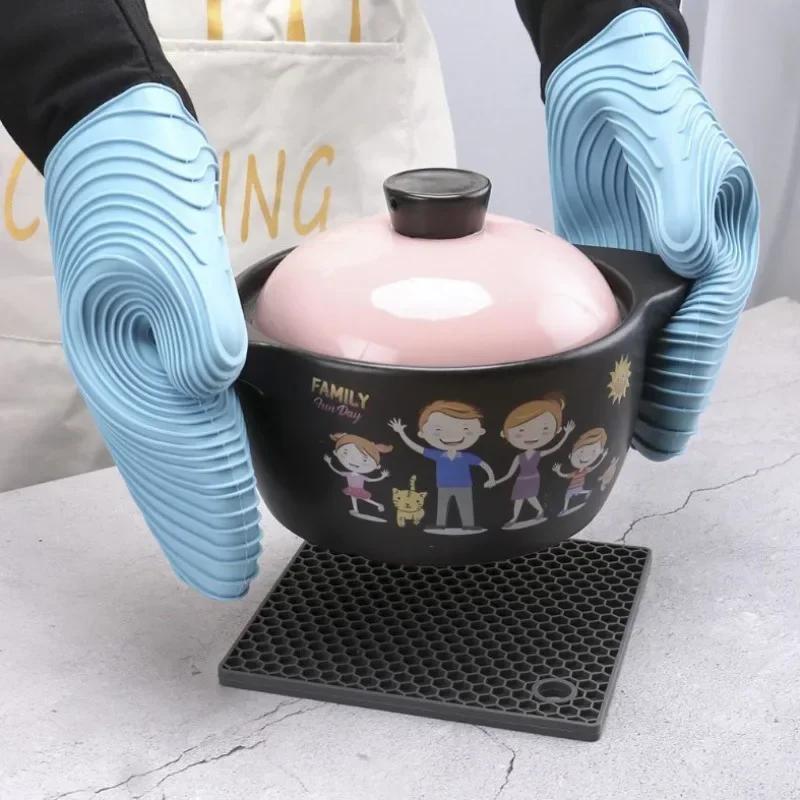 Heat Slip Resistant Silicone Oven Mitts Set, Soft Polyester Lining, Waterproof, Long Flexible Thick Gloves For Kitchen Cooking
