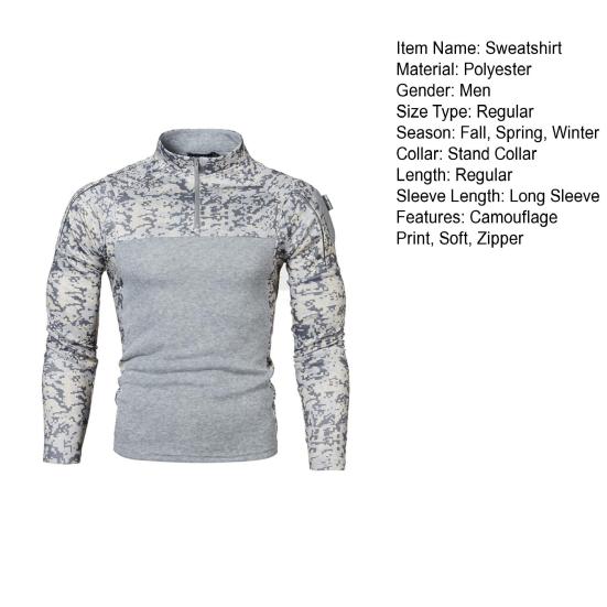 Men Fall Sweatshirt Patchwork Long Sleeves Camouflage Print Hip Hop Zipper Stand Collar Slim Fit Warm Wear-resistant Men Autumn Tops for Sports
