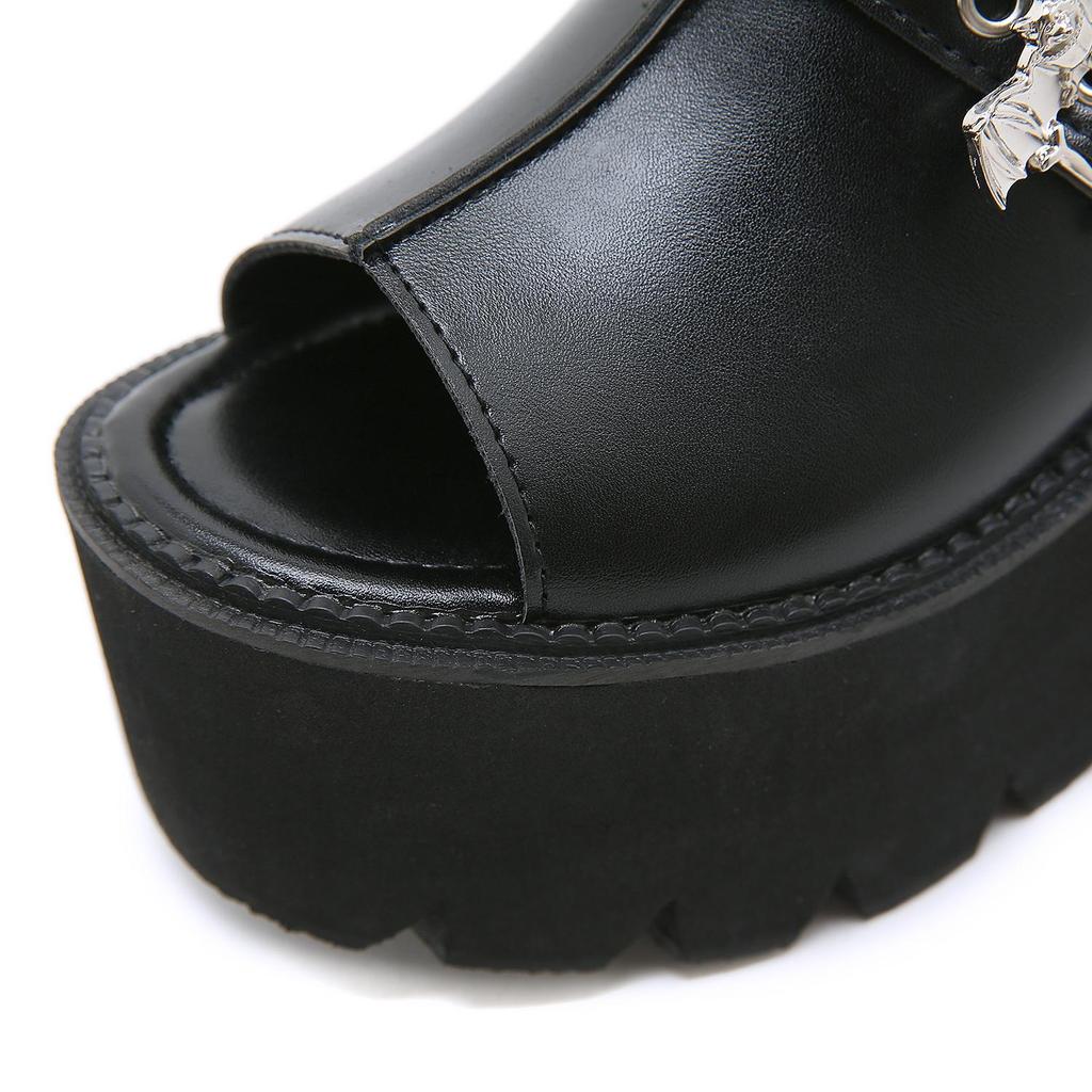 Gdgydh Goth Bat Buckle Mule Sandals for Women Heel Open Toe Thick Platform Summer Shoes Sligbacks Plus Size Black Slip On