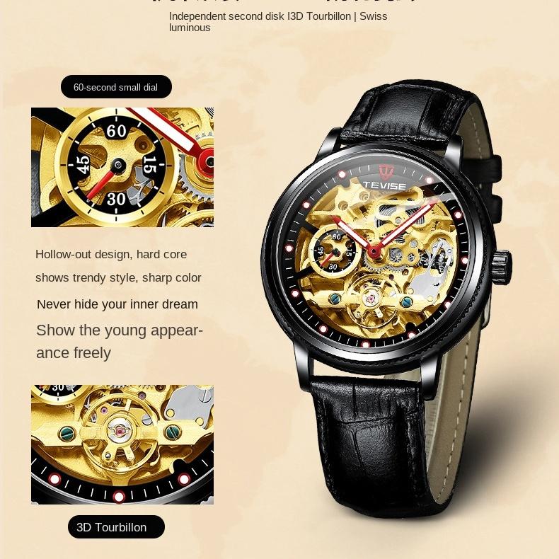 TEVISE Uhr Herren Hollow Fashion Leder Herrenuhr Im Dunkeln leuchtende automatische mechanische Uhr