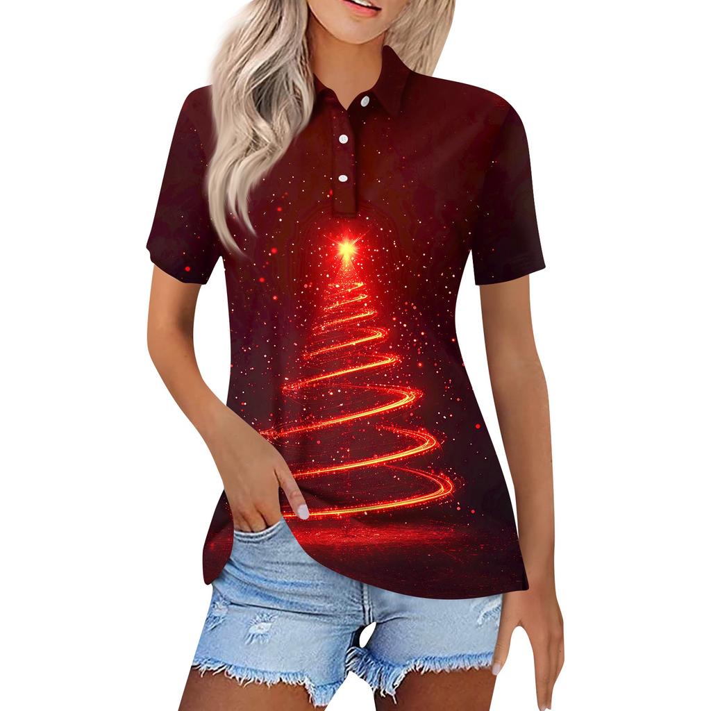 Dámská móda Ležérní klopa Krátký rukáv Vánoční potisk Košile Dámské knoflíkové topy