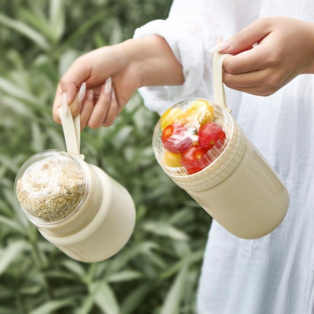 Draagbare 320ml/520ml Ontbijtbekers Handheld Seal Saladebeker met Lepel Lekdichte Yoghurtkom voor Havermout Granen Noten Yoghurt
